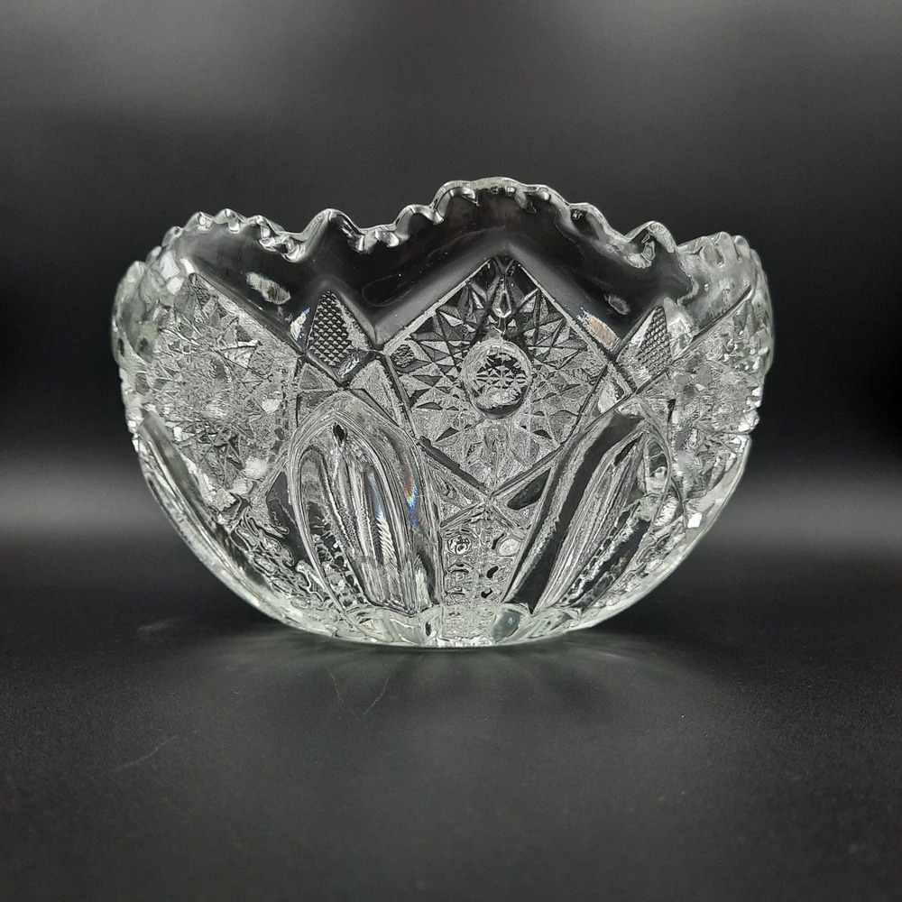Antique Manganese Pressed Glass Bowl – Early 1900s Starburst w/ Sawtooth Rim - Picture 2 of 7